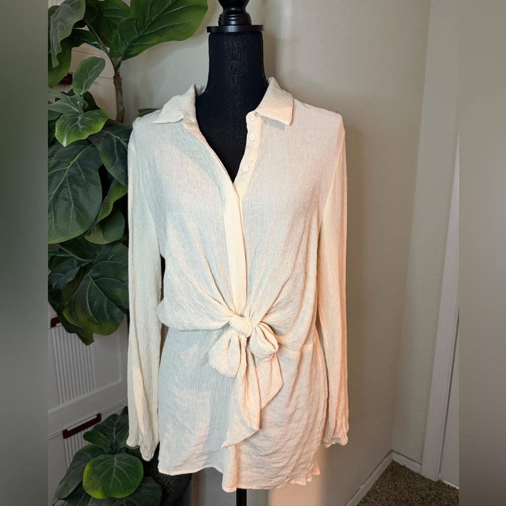 Anthropologie La Ven Cream Tie-Front Long Boho Blouse